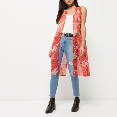 Red floral print sleeveless duster coat